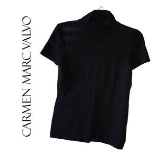 Carmen Marc Valvo, Short Sleeve Mock Neck Sheer Knit Top, Black